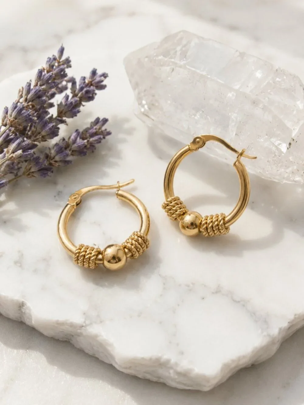 18K Gold Plated Rope Knot Ball Bead Hoop Earrings SS Boho Chic Minimalist 0.9